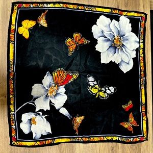 Beautiful black, yellow, white flowers & butterfly 20”x22” scarf